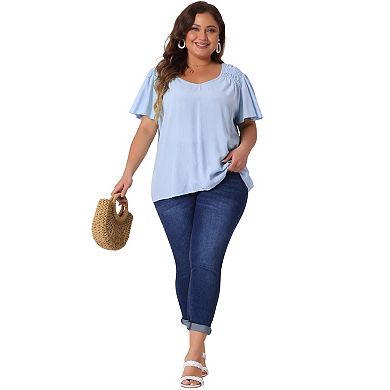 Plus Size Tops for Women V Neck Ruffle Sleeve Smocked Shoulder Chiffon Blouses Tops