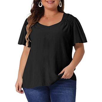 Plus Size Tops for Women V Neck Ruffle Sleeve Smocked Shoulder Chiffon Blouses Tops