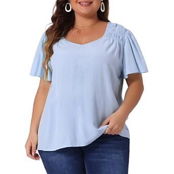 Plus Size Tops for Women V Neck Ruffle Sleeve Smocked Shoulder Chiffon Blouses Tops