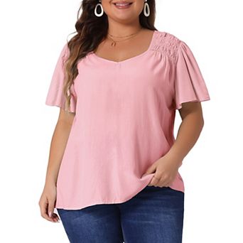 Plus Size Tops for Women V Neck Ruffle Sleeve Smocked Shoulder Chiffon Blouses Tops