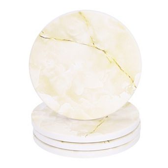 4 pc Absorbent Coasters Yellow Marble Gilding Pattern Round Coaster with Cork Backing Non-Slip 4"