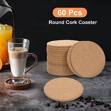 60pcs Cork Coaster for Drinks, 4 Inches Round Cork Coasters Tea or Coffee Coaster, Brown