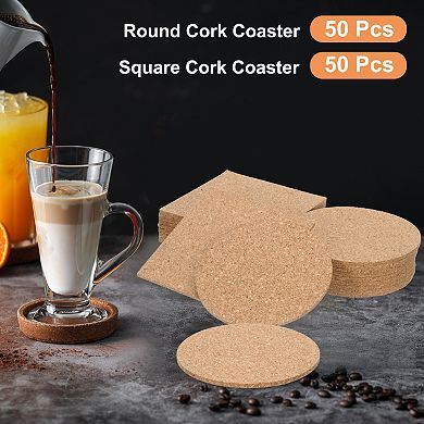 100pcs 3 mm Thick Cork Coaster for Drinks, 4" Wooden Cork Coasters Absorbent Square Coasters Brown