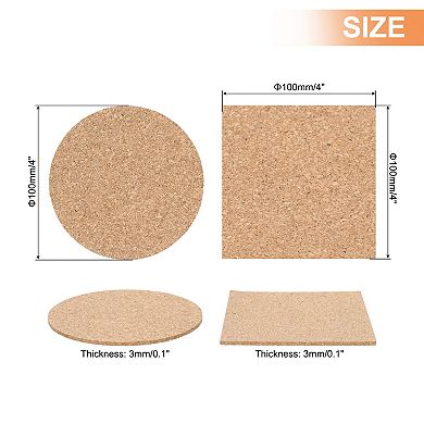 100pcs 3 mm Thick Cork Coaster for Drinks, 4" Wooden Cork Coasters Absorbent Square Coasters Brown
