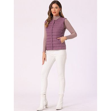 Women's Puffer Vest Sleeveless Lightweight Button Up Quilted Round Neck Jacket Coat