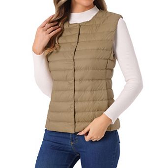 Women's Puffer Vest Sleeveless Lightweight Button Up Quilted Round Neck Jacket Coat