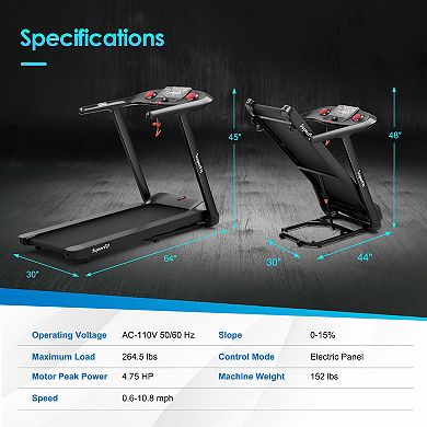 4.75HP Folding Treadmill with Preset Programs Touch Screen Control-Black