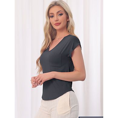 Women's Sleep T-Shirt V-Neck Pajamas Top with Pockets