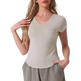 Women's Sleep T-Shirt V-Neck Pajamas Top with Pockets