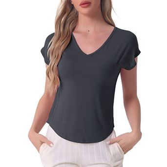 Women's Sleep T-Shirt V-Neck Pajamas Top with Pockets