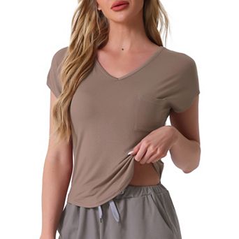 Women's Sleep T-Shirt V-Neck Pajamas Top with Pockets