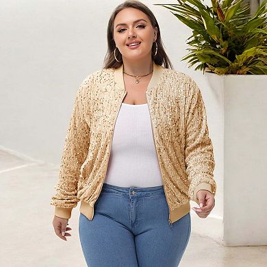 Women's Sequin Jacket Plus Size Sparkly Zip Bomber Coat