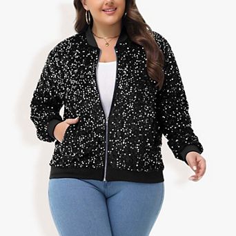Women's Sequin Jacket Plus Size Sparkly Zip Bomber Coat