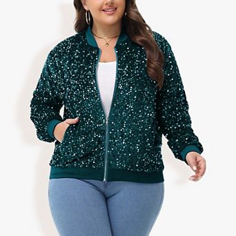 Women's Sequin Jacket Plus Size Sparkly Zip Bomber Coat