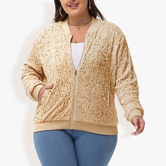 Women's Sequin Jacket Plus Size Sparkly Zip Bomber Coat