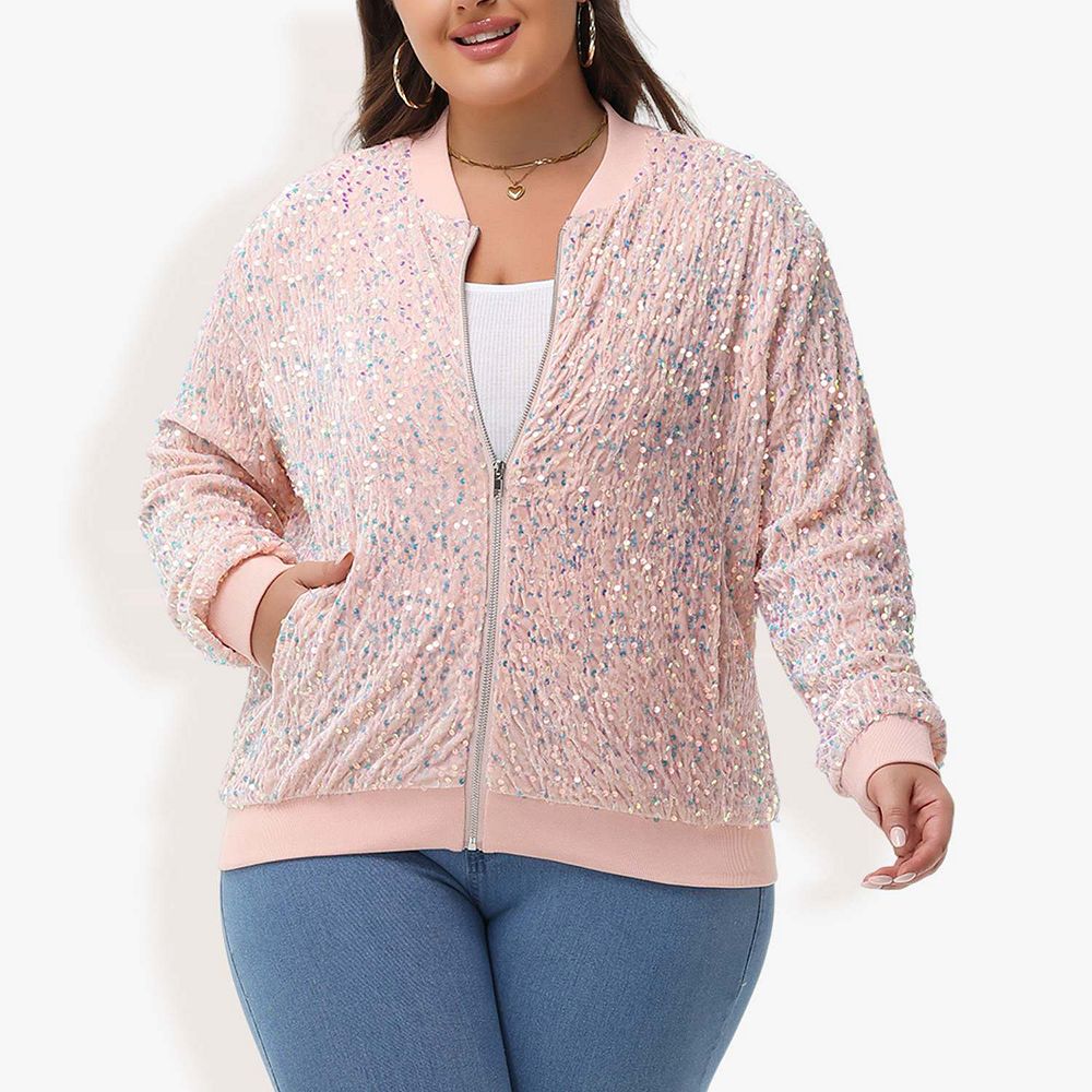 Women's Sequin Jacket Plus Size Sparkly Zip Bomber Coat