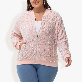 Women's Sequin Jacket Plus Size Sparkly Zip Bomber Coat