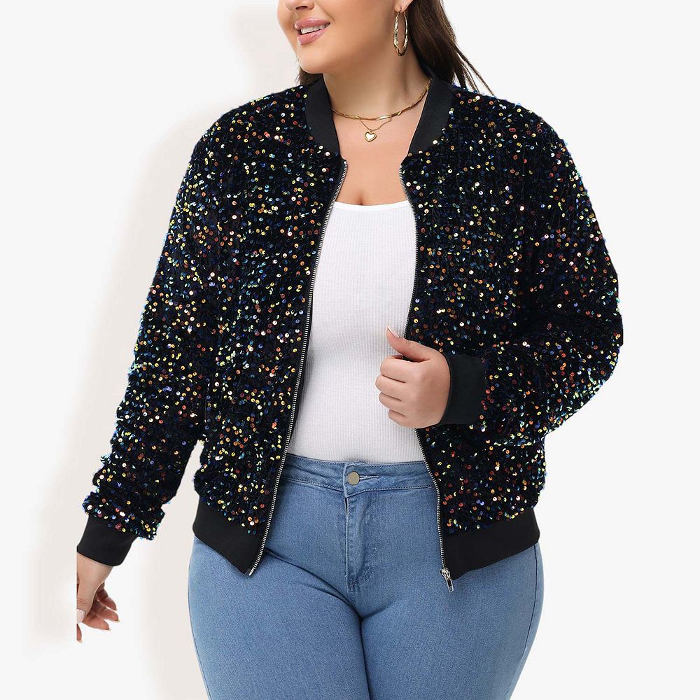 Women's Sequin Jacket Plus Size Sparkly Zip Bomber Coat