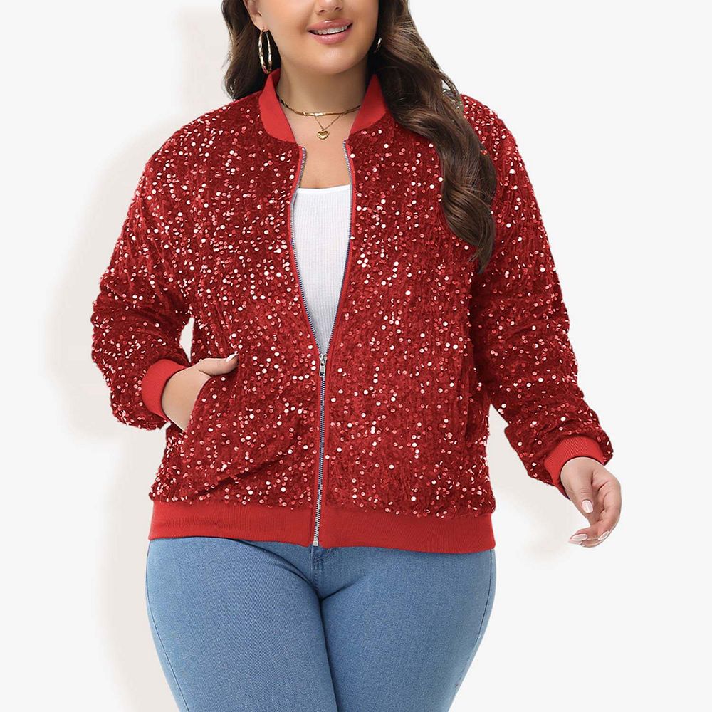Women's Sequin Jacket Plus Size Sparkly Zip Bomber Coat