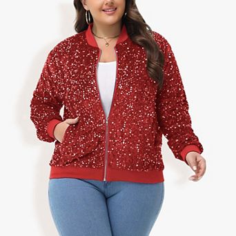Women's Sequin Jacket Plus Size Sparkly Zip Bomber Coat