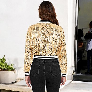 Women's Sequin Bomber Jacket with Striped Ribbed Trim and Zip Front