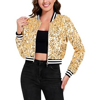 Women's Sequin Bomber Jacket with Striped Ribbed Trim and Zip Front