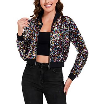 Women's Sequin Bomber Jacket with Striped Ribbed Trim and Zip Front