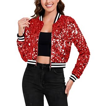 Women's Sequin Bomber Jacket with Striped Ribbed Trim and Zip Front