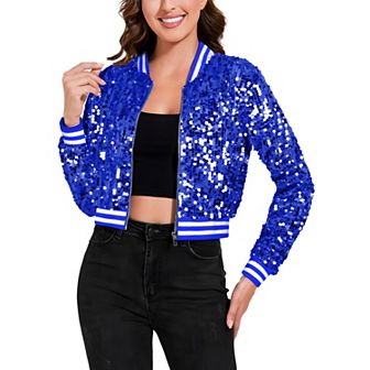 Women's Sequin Bomber Jacket with Striped Ribbed Trim and Zip Front