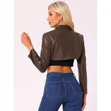 Women's Faux Leather Cropped Top Stand Collar Zipper Front Moto Biker Long Sleeve Jacket Coat