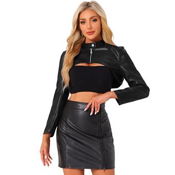 Women's Faux Leather Cropped Top Stand Collar Zipper Front Moto Biker Long Sleeve Jacket Coat