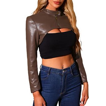 Women's Faux Leather Cropped Top Stand Collar Zipper Front Moto Biker Long Sleeve Jacket Coat