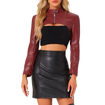 Women's Faux Leather Cropped Top Stand Collar Zipper Front Moto Biker Long Sleeve Jacket Coat