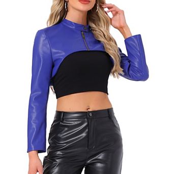 Women's Faux Leather Cropped Top Stand Collar Zipper Front Moto Biker Long Sleeve Jacket Coat