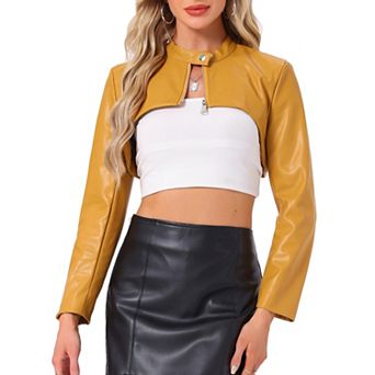 Women's Faux Leather Cropped Top Stand Collar Zipper Front Moto Biker Long Sleeve Jacket Coat