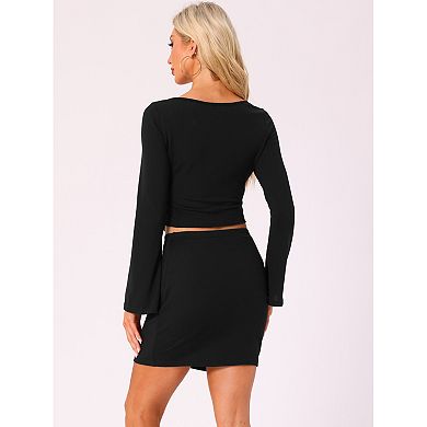 Women's Knitted 2 Pieces Outfits Twist V Neck Bell Sleeves Top and Mini Skirt Sets