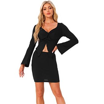 Women's Knitted 2 pc Outfits Twist V Neck Bell Sleeves Top and Mini Skirt Sets