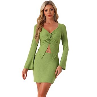 Women's Knitted 2 pc Outfits Twist V Neck Bell Sleeves Top and Mini Skirt Sets