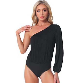 One Shoulder Bodysuit for Women's Long Sleeve Casual Ribbed Body Suits