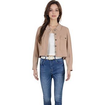 Women's Cropped Button-Up Jacket with Chest Pockets and Collared Neckline