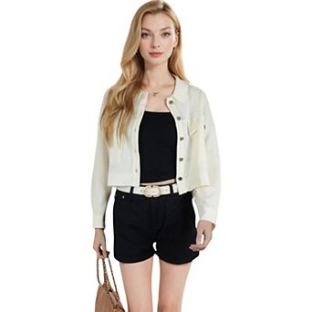 Women's Cropped Button-Up Jacket with Chest Pockets and Collared Neckline