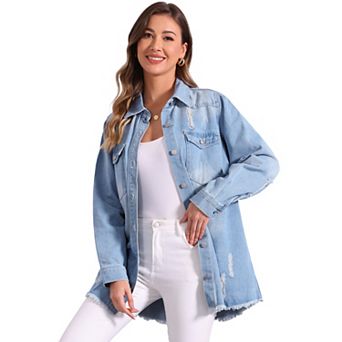Denim Jacket for Women's Distressed Frayed Hem Button Down Jean Jackets