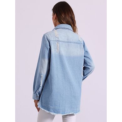 Denim Jacket for Women's Distressed Frayed Hem Button Down Jean Jackets