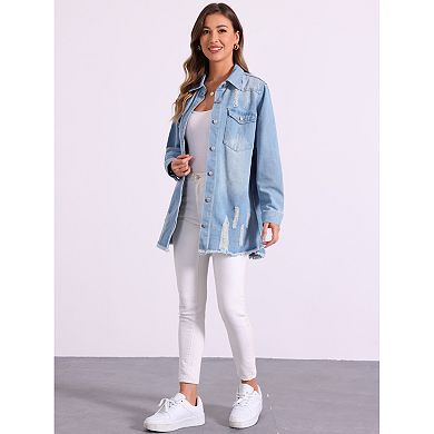 Denim Jacket for Women's Distressed Frayed Hem Button Down Jean Jackets