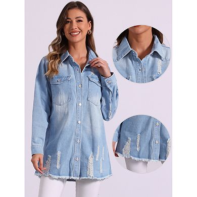 Denim Jacket for Women's Distressed Frayed Hem Button Down Jean Jackets