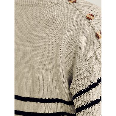 Women's Striped Sweater Pullover Crewneck Long Sleeve Cable Knitted Sweaters