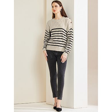 Women's Striped Sweater Pullover Crewneck Long Sleeve Cable Knitted Sweaters