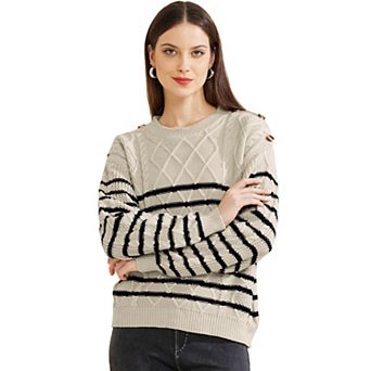 Women's Striped Sweater Pullover Crewneck Long Sleeve Cable Knitted Sweaters