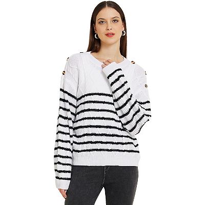 Women's Striped Sweater Pullover Crewneck Long Sleeve Cable