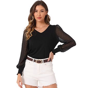 Mesh Contrast Top for Women's Semi Sheer Polka Dots Long Sleeve V Neck Casual Blouse Tops